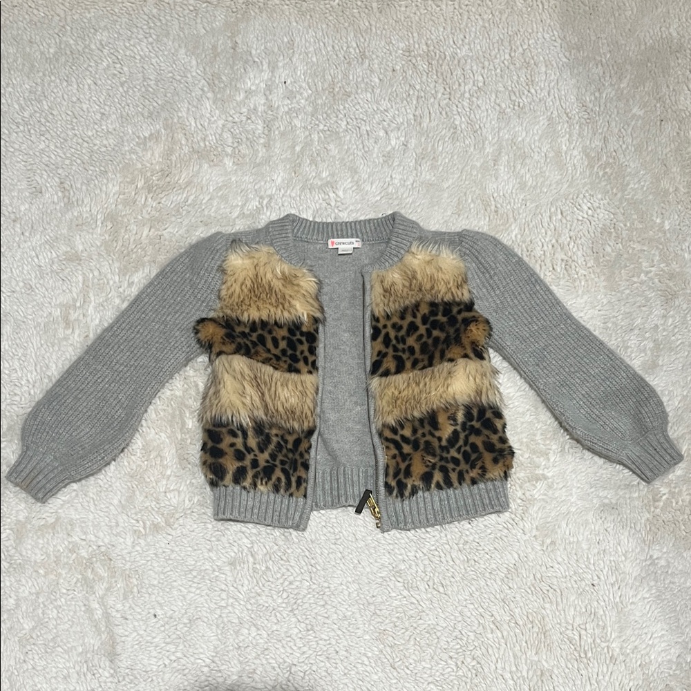 Crewcuts Gray Cardigan with Leopard Faux Fur Accents